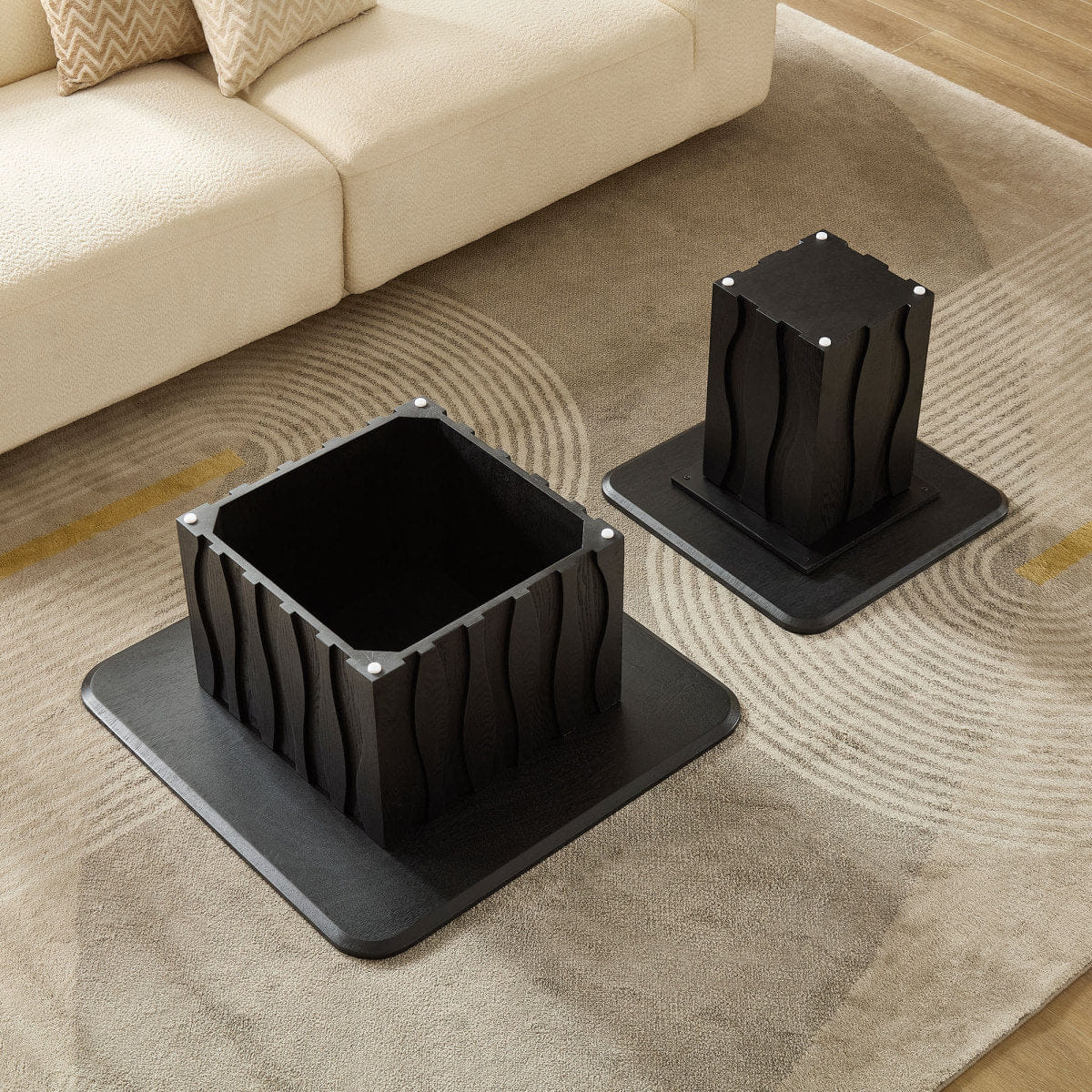 Base Streamdale 2PCS Nesting Square Coffee Table Set with Wavy Fluted Base, Black