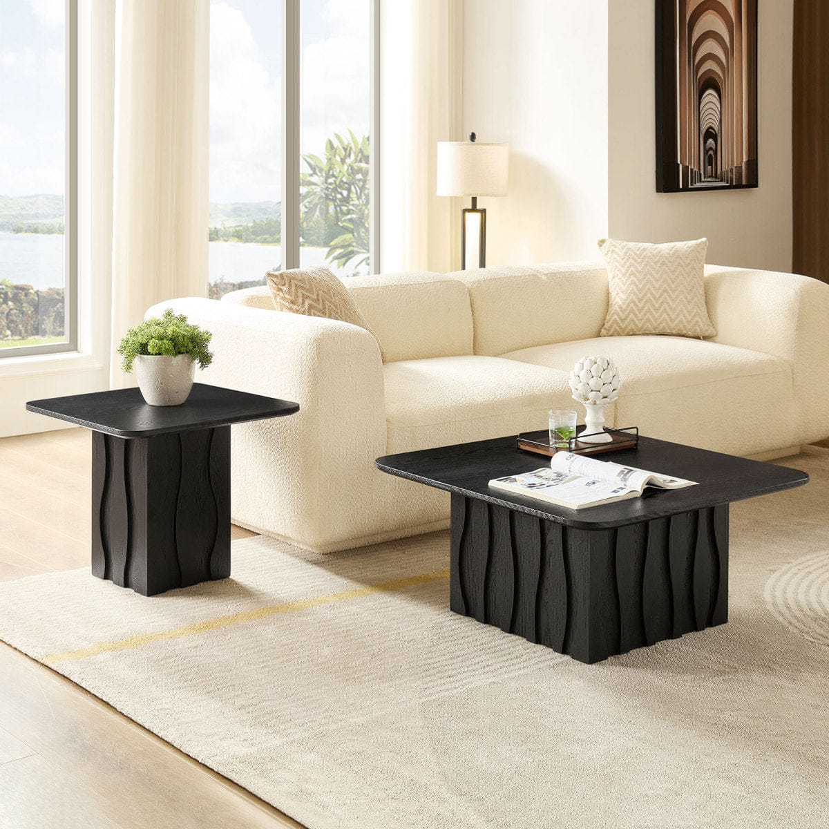 Base Streamdale 2PCS Nesting Square Coffee Table Set with Wavy Fluted Base, Black