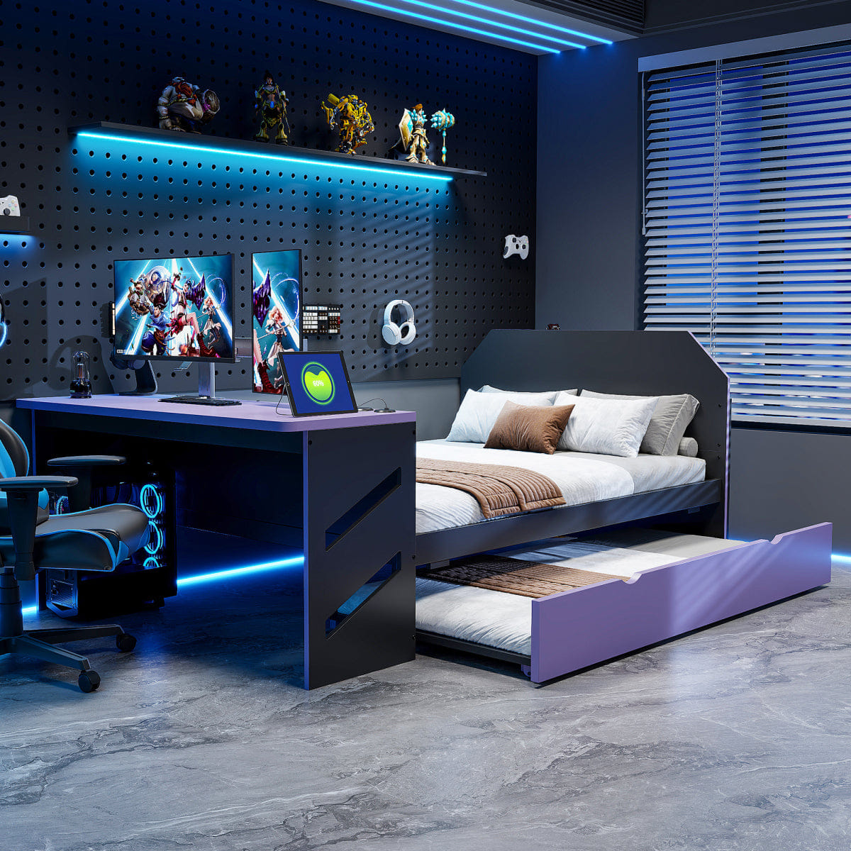 Purple Streamdale Full Size Wood Daybed with Twin Size Trundle,Desk and USB,Black+Purple