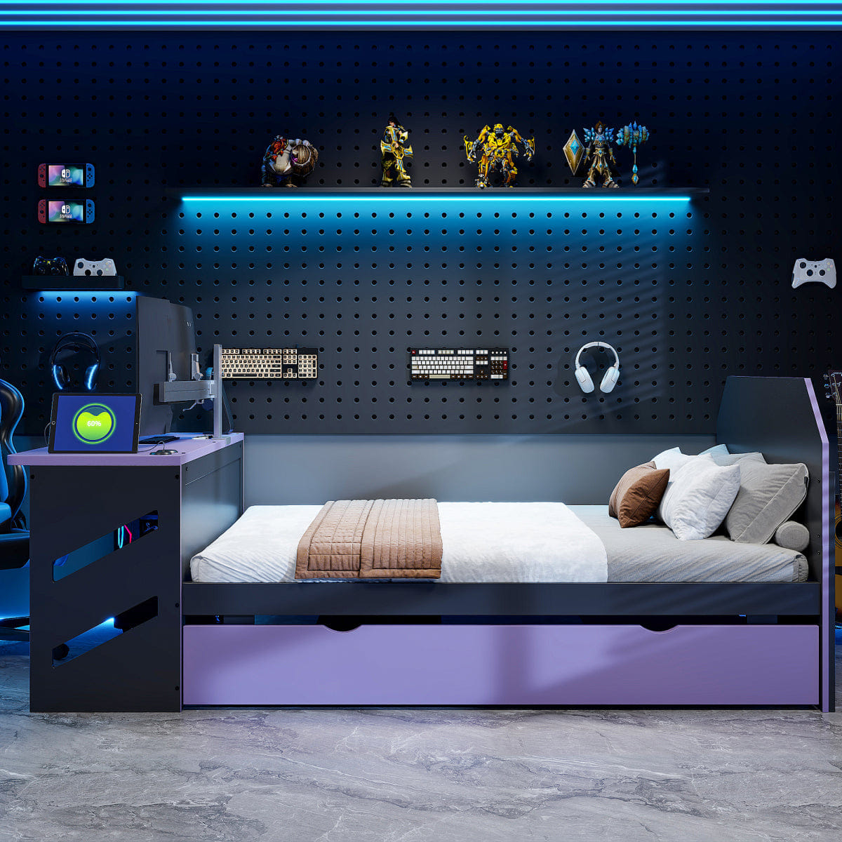 Purple Streamdale Full Size Wood Daybed with Twin Size Trundle,Desk and USB,Black+Purple