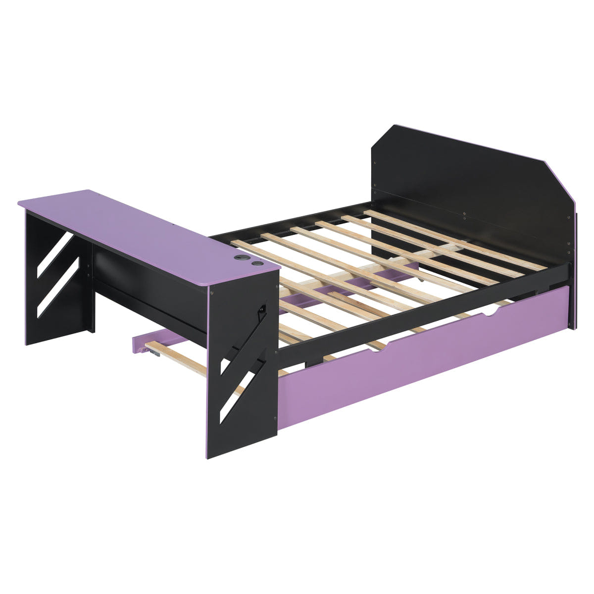 Purple Streamdale Full Size Wood Daybed with Twin Size Trundle,Desk and USB,Black+Purple