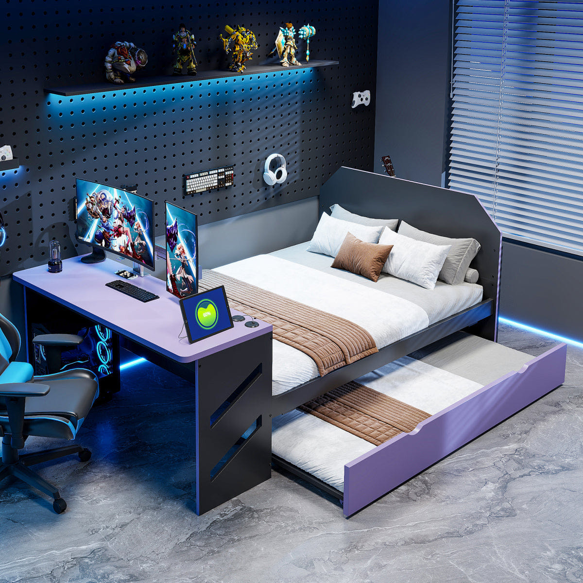 Purple Streamdale Full Size Wood Daybed with Twin Size Trundle,Desk and USB,Black+Purple