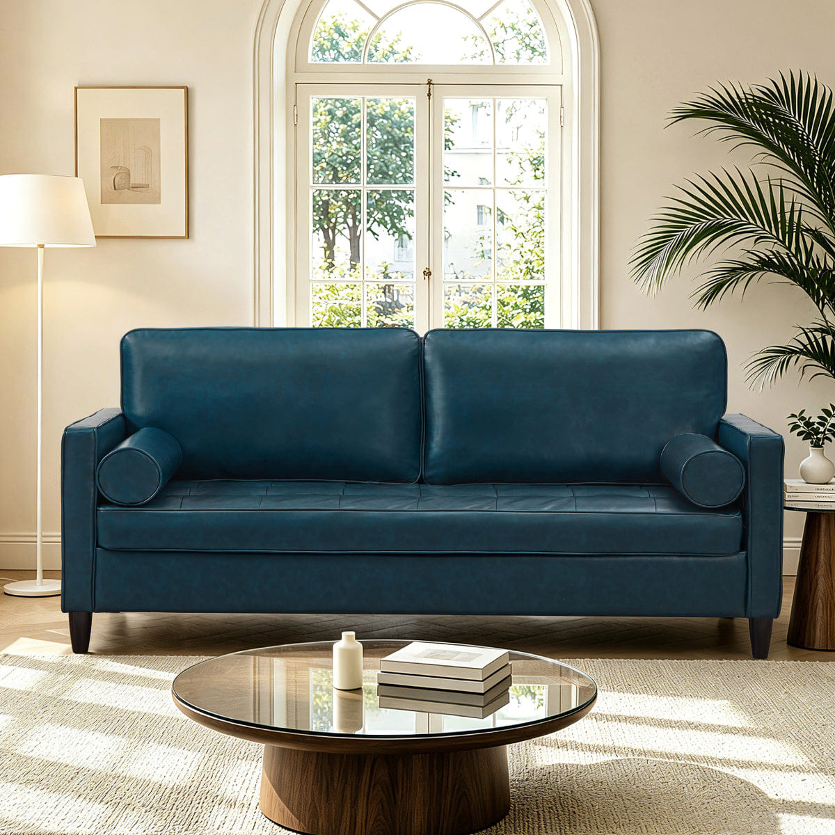 Classic Streamdale Classic Tufted Faux Leather Sofa with Wood Legs, Navy Blue