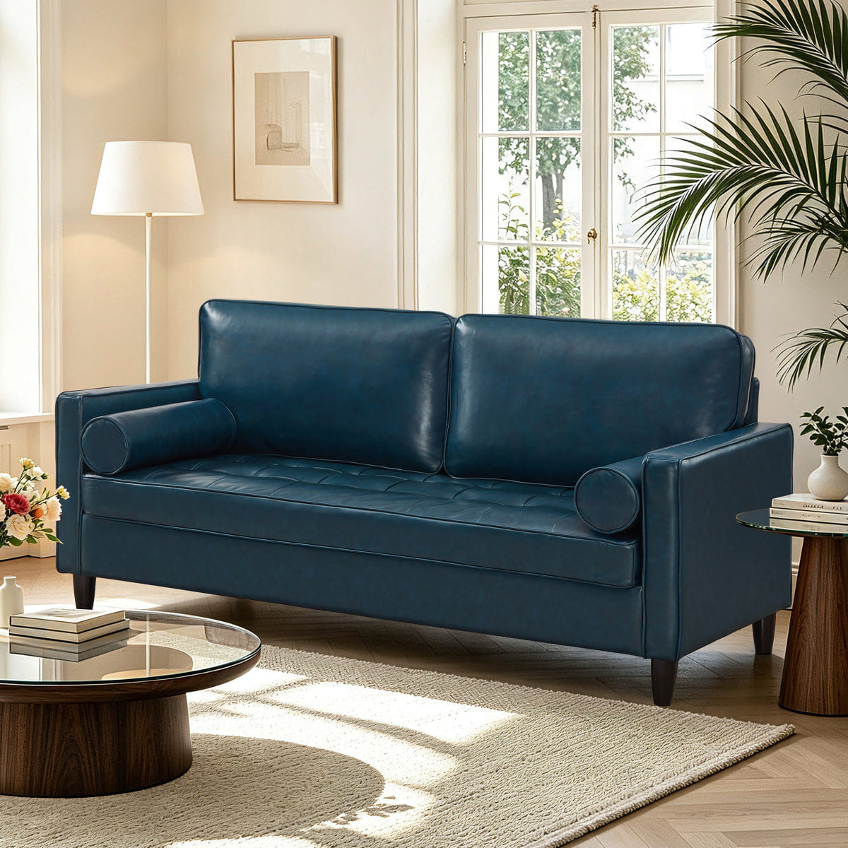 Classic Streamdale Classic Tufted Faux Leather Sofa with Wood Legs, Navy Blue