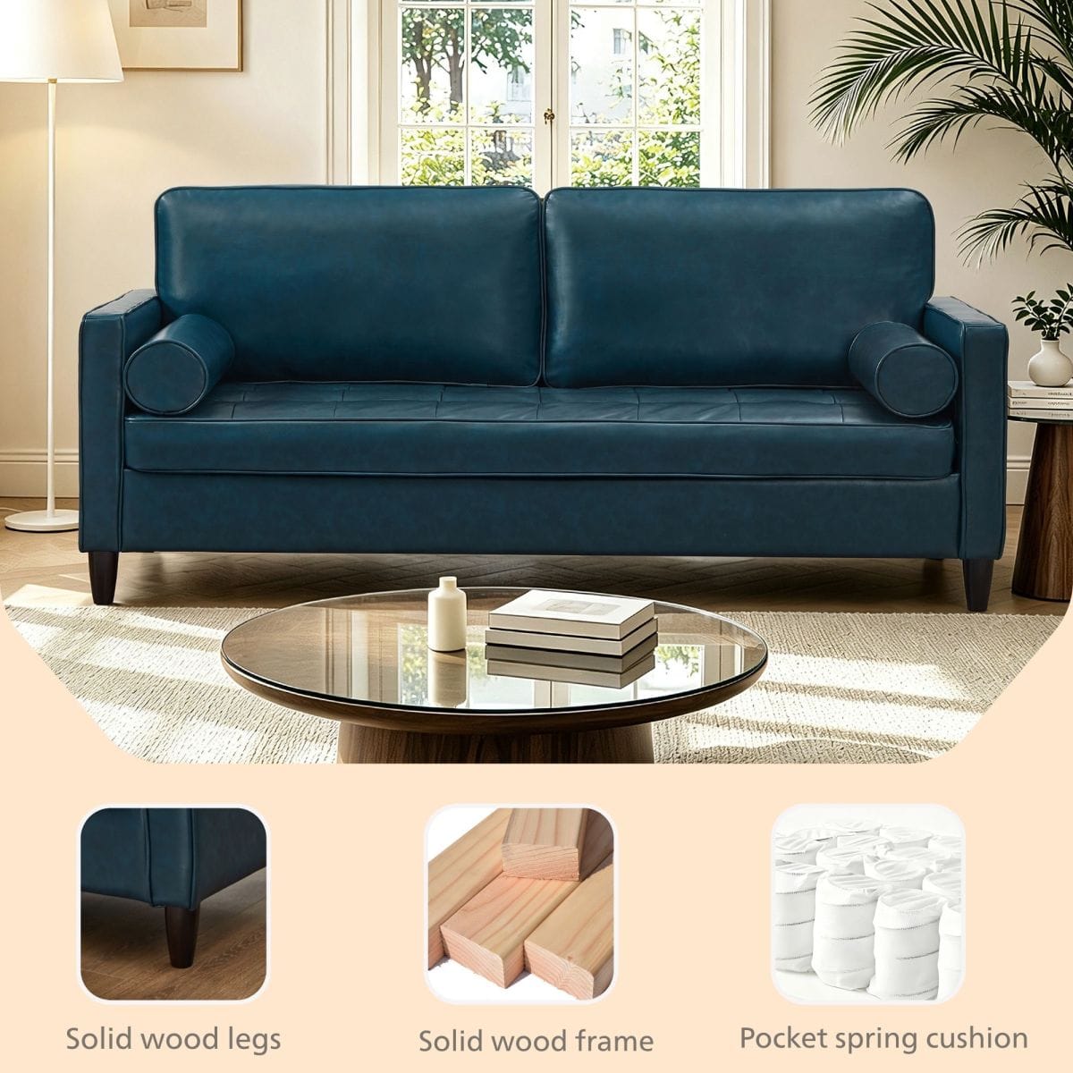 Classic Streamdale Classic Tufted Faux Leather Sofa with Wood Legs, Navy Blue