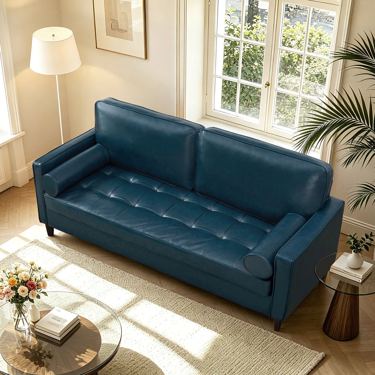 Classic Streamdale Classic Tufted Faux Leather Sofa with Wood Legs, Navy Blue