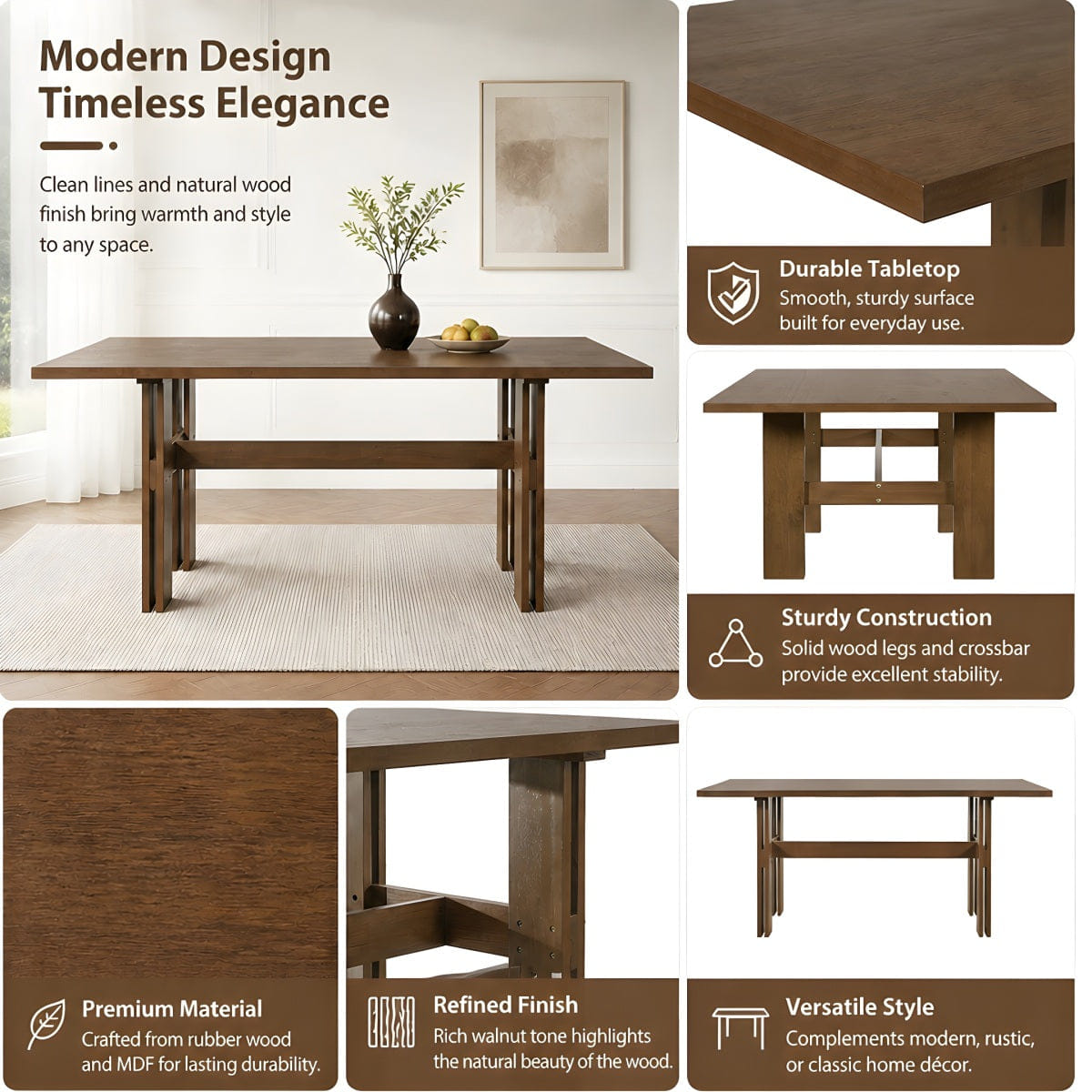 Base Streamdale Modern 71" Walnut Wooden Dining Table with Pedestal Base for 4 - 6