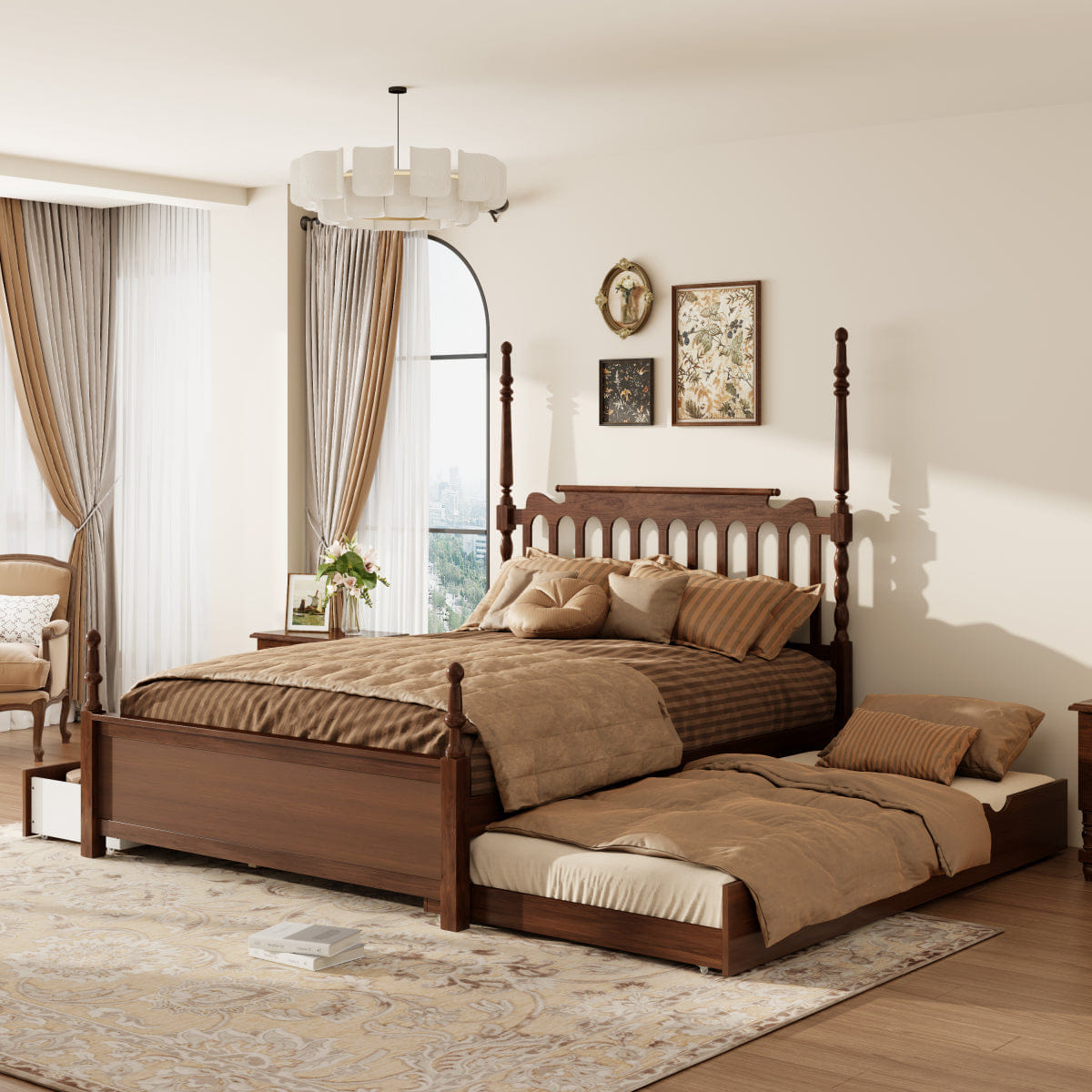 And Streamdale Queen Platform Bed with Twin XL Trundle, 2 Drawers, and Spindle Headboard, Walnut