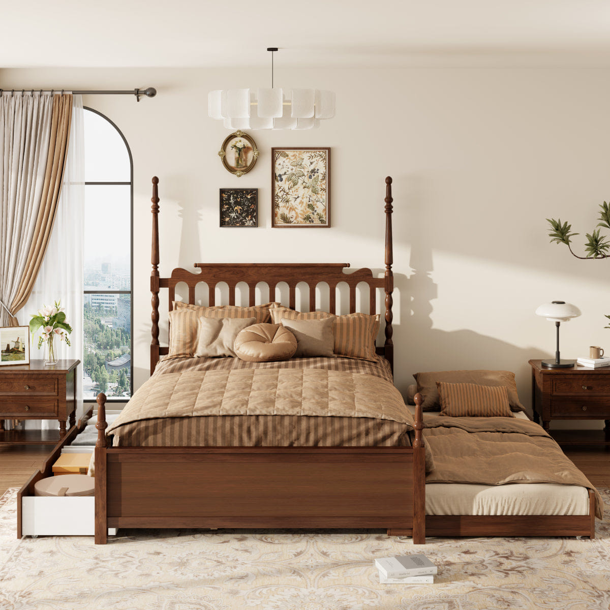 And Streamdale Queen Platform Bed with Twin XL Trundle, 2 Drawers, and Spindle Headboard, Walnut