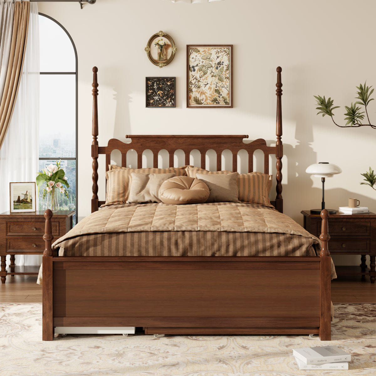 And Streamdale Queen Platform Bed with Twin XL Trundle, 2 Drawers, and Spindle Headboard, Walnut