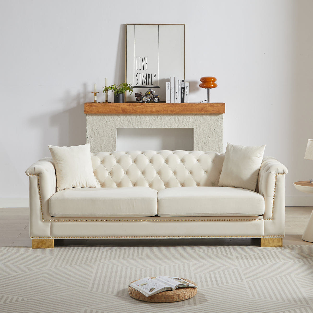 Chesterfield Streamdale Classic Modern 84" Velvet Chesterfield Sofa with Rolled Arms, Beige