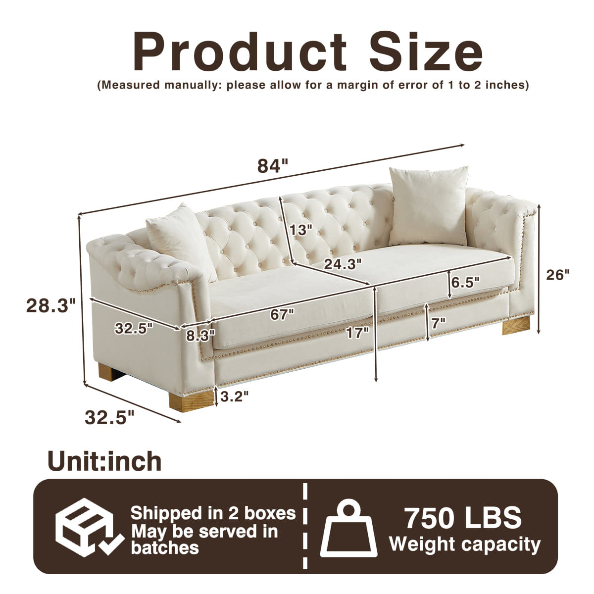 Chesterfield Streamdale Classic Modern 84" Velvet Chesterfield Sofa with Rolled Arms, Beige