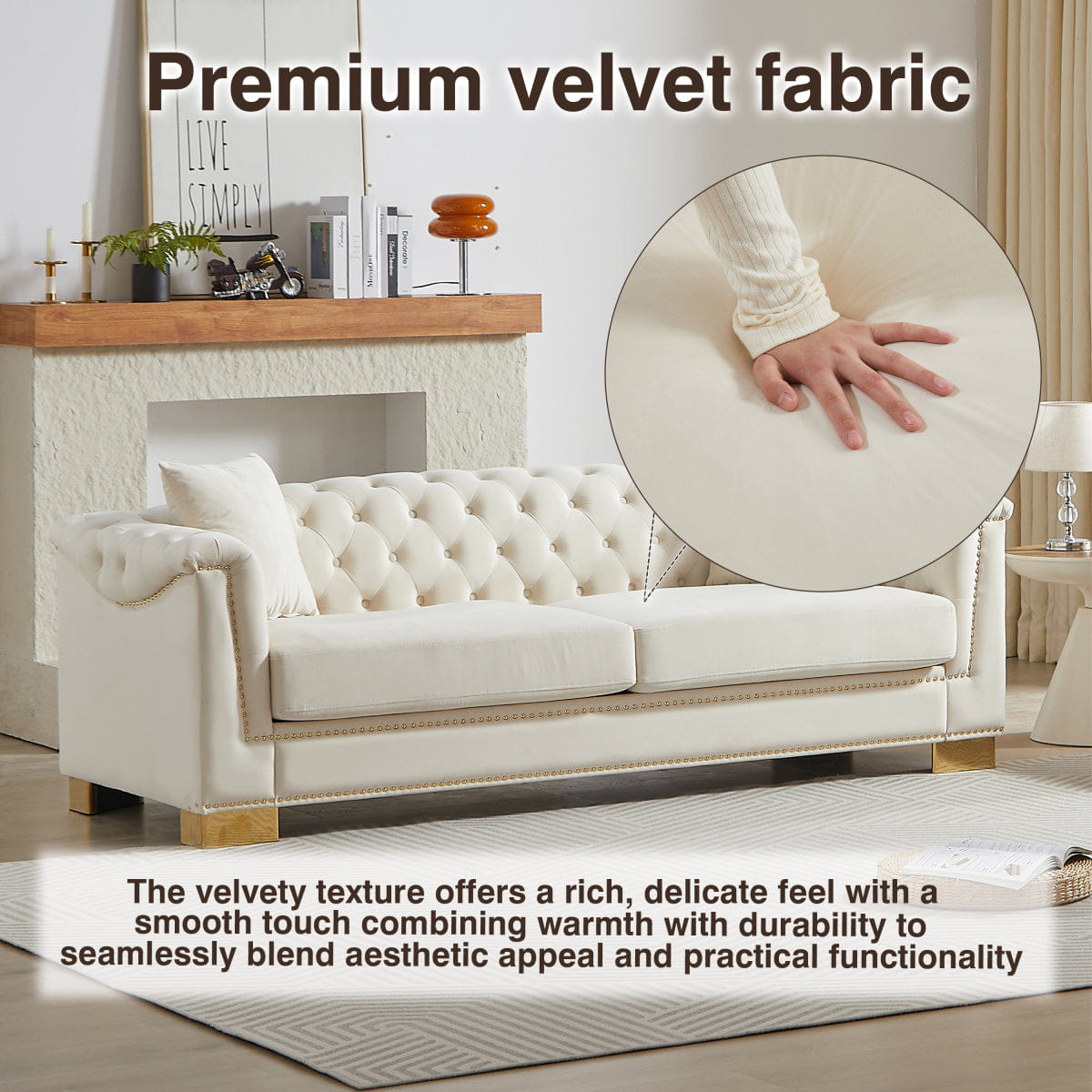 Chesterfield Streamdale Classic Modern 84" Velvet Chesterfield Sofa with Rolled Arms, Beige