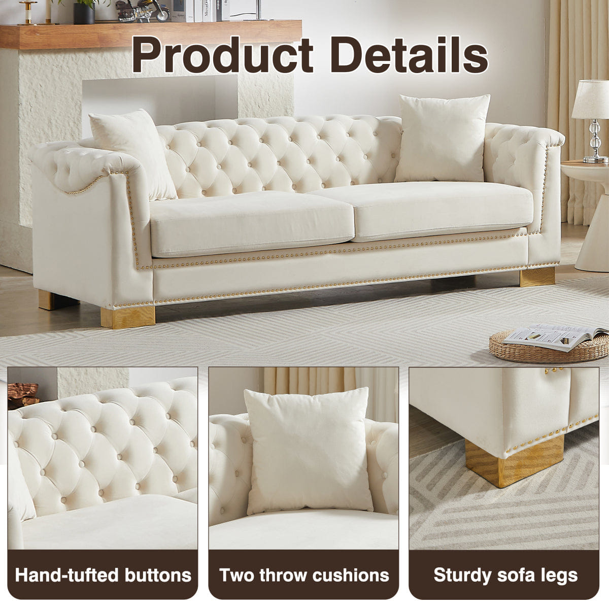 Chesterfield Streamdale Classic Modern 84" Velvet Chesterfield Sofa with Rolled Arms, Beige