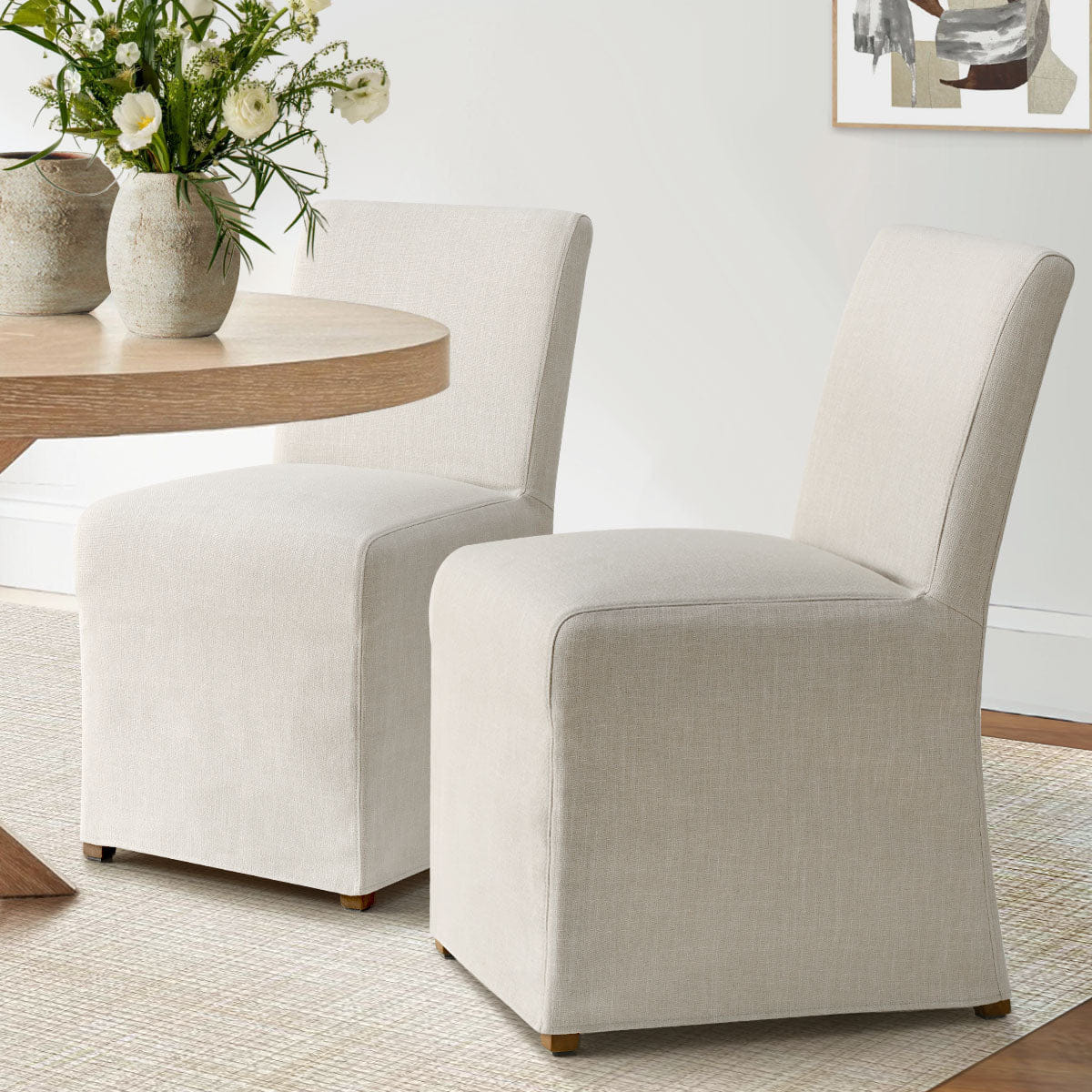 CONCEPT Set of 8 Upholstered Dining Chairs with Linen Slipcover, Skirted Design Kitchen Chairs for Large Dining Room & Open - Concept Spaces - Maison Boucle