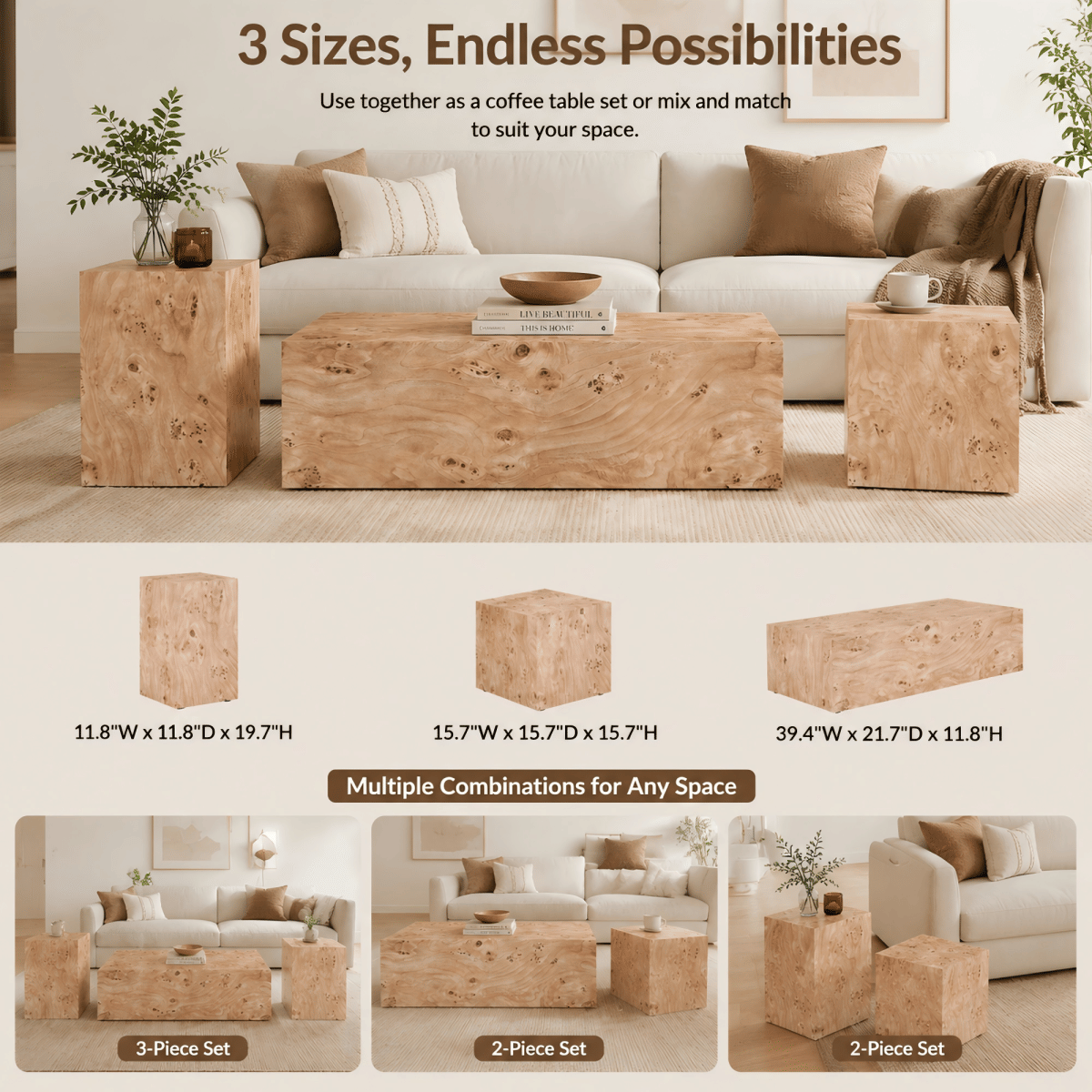 WOOD Streamdale Wood - Grain MDF Wabi - Sabi Square Coffee Table & Side Table (11.8"x11.8"x19.7")