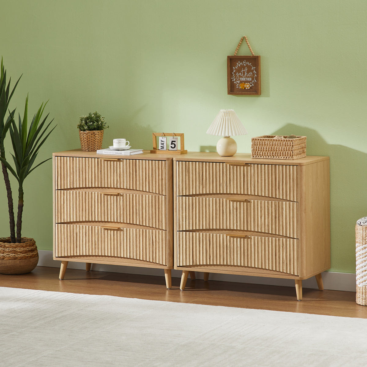 Drawer Streamdale Fluted 3 - Drawer Dresser Set of 2, Oak (31.5"W x 15"D x 30"H)