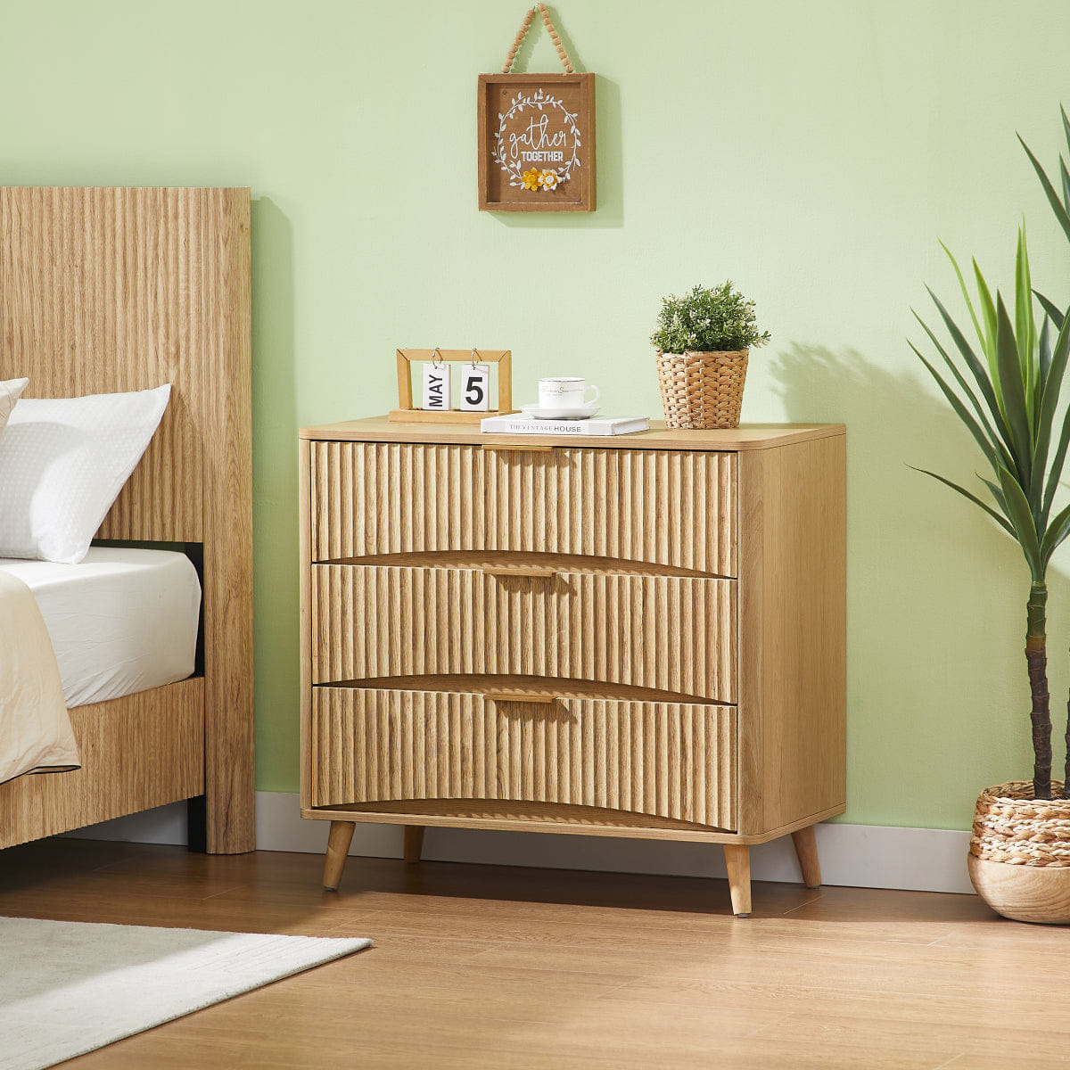 Drawer Streamdale Fluted 3 - Drawer Dresser Set of 2, Oak (31.5"W x 15"D x 30"H)