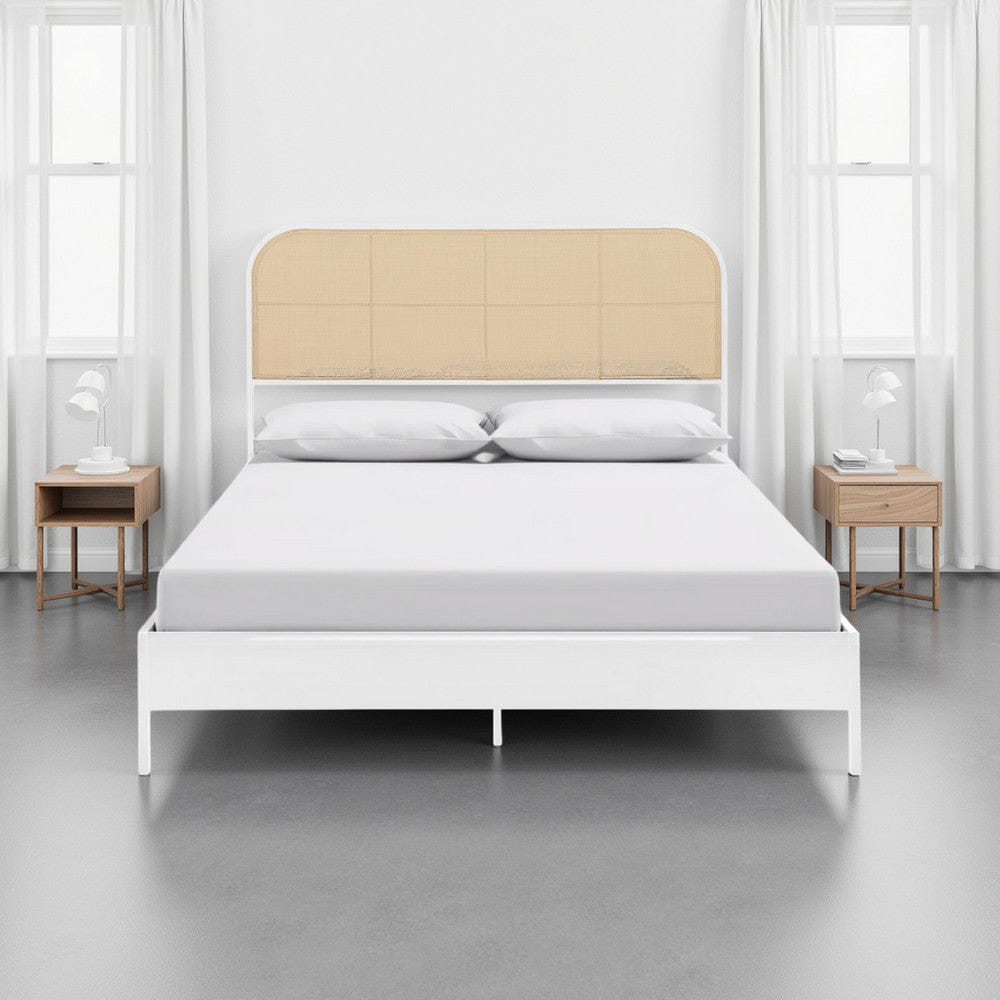 WHITE* Ammy King Bed, Radio Weave Headboard, Brown Faux Rattan, White Metal