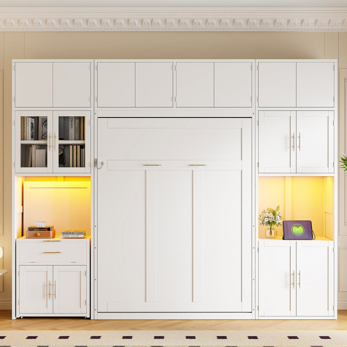 WHITE* Streamdale Full Size Murphy Bed with Desk, Storage Cabinets & LED Light, White