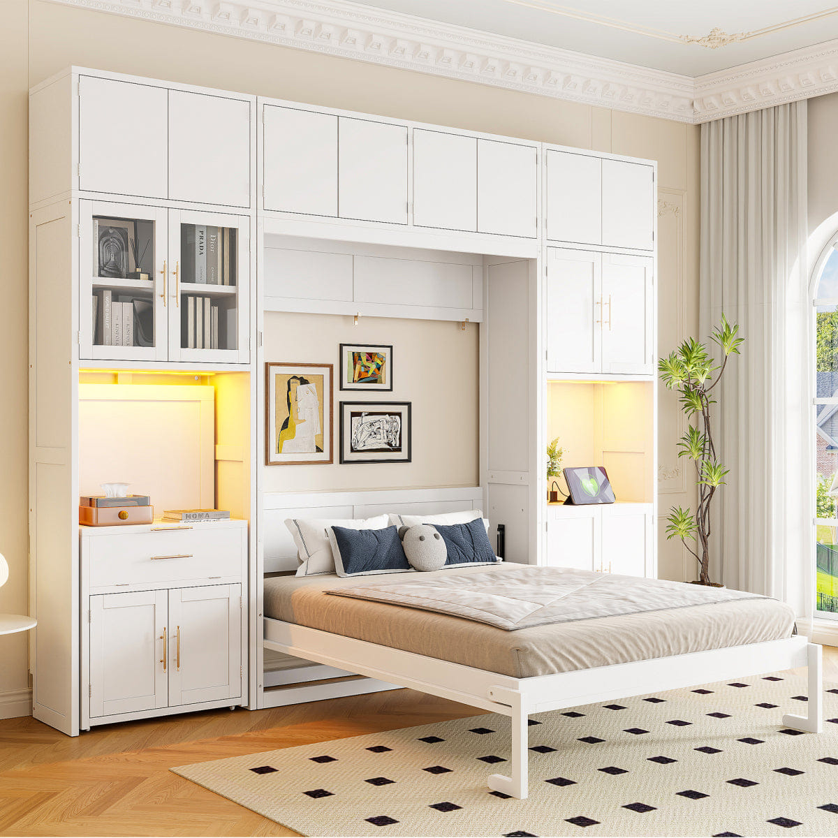 WHITE* Streamdale Full Size Murphy Bed with Desk, Storage Cabinets & LED Light, White