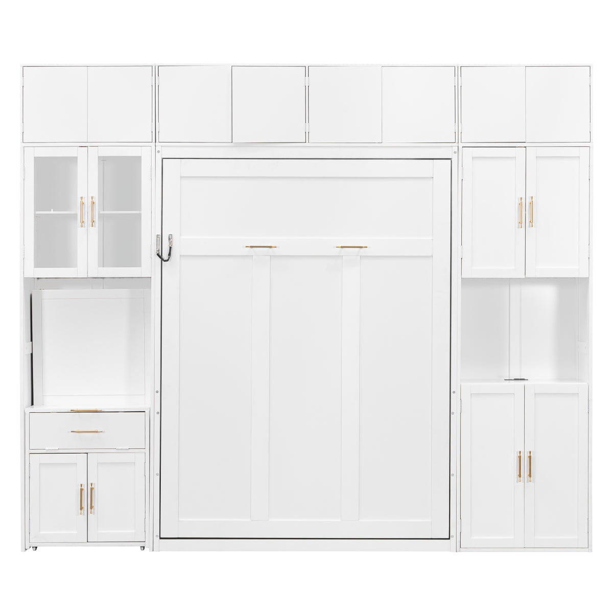 WHITE* Streamdale Full Size Murphy Bed with Desk, Storage Cabinets & LED Light, White