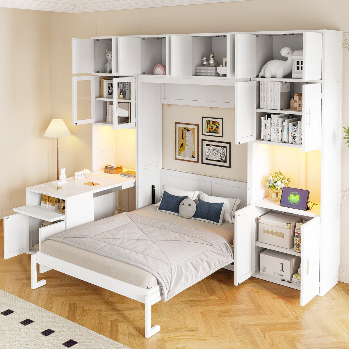 WHITE* Streamdale Full Size Murphy Bed with Desk, Storage Cabinets & LED Light, White