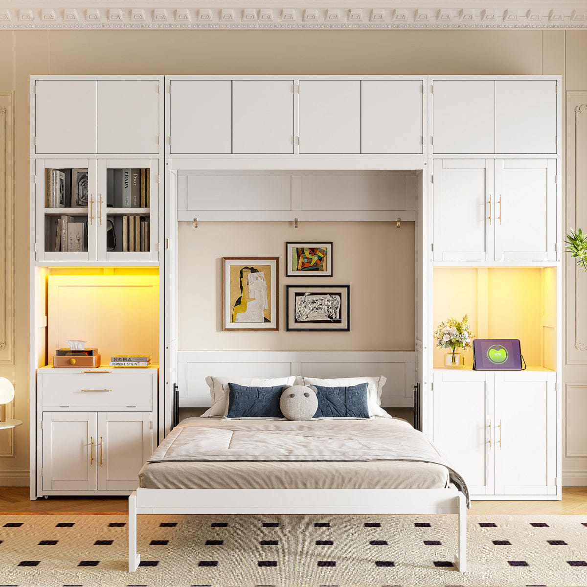 WHITE* Streamdale Full Size Murphy Bed with Desk, Storage Cabinets & LED Light, White