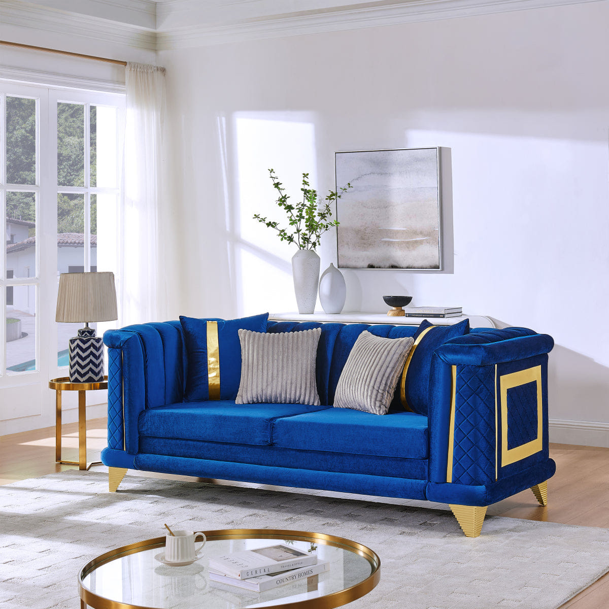 Velvet Streamdale 89" Velvet 3 - Seater Luxury Sofa with Gold Trims and Pillows, Blue