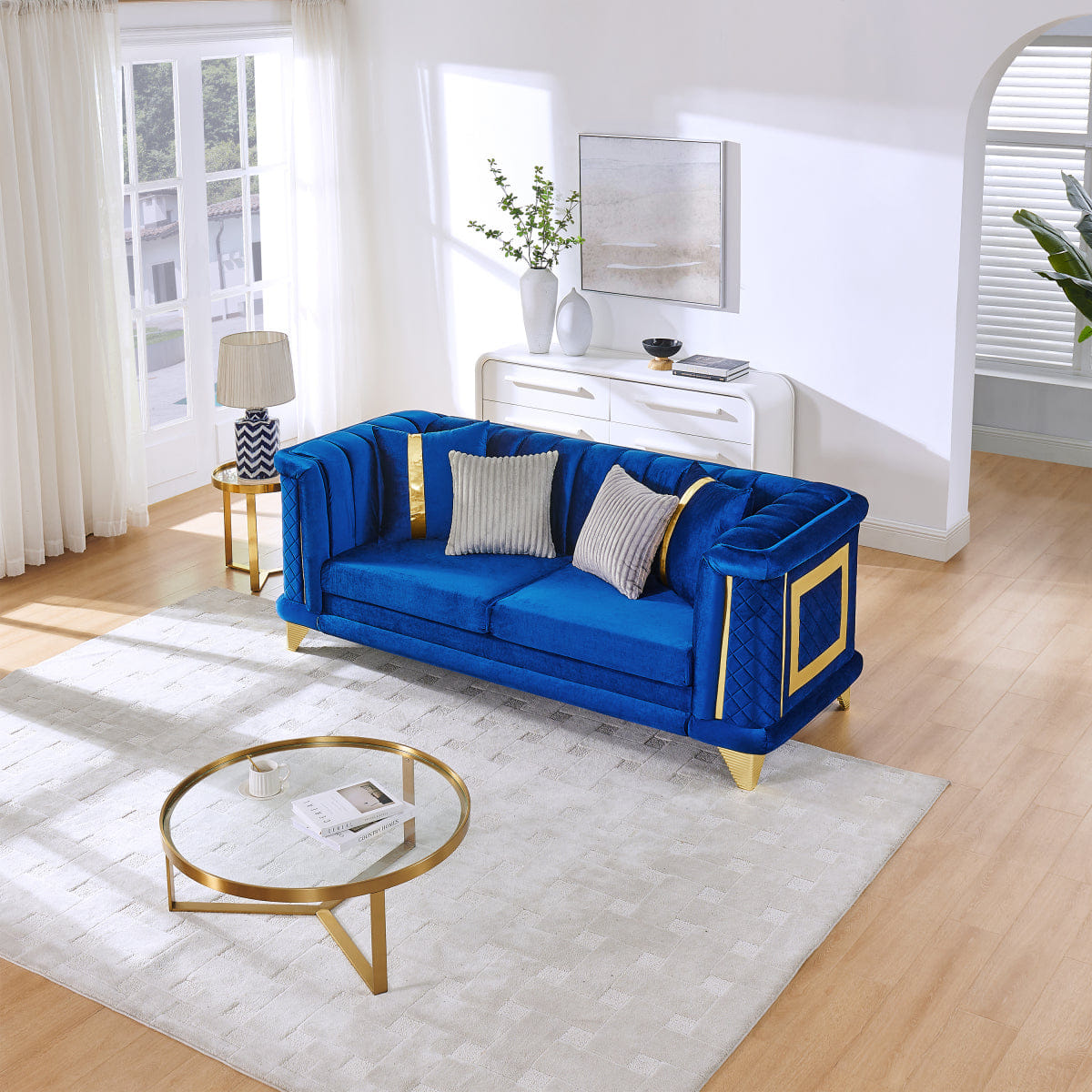 Velvet Streamdale 89" Velvet 3 - Seater Luxury Sofa with Gold Trims and Pillows, Blue