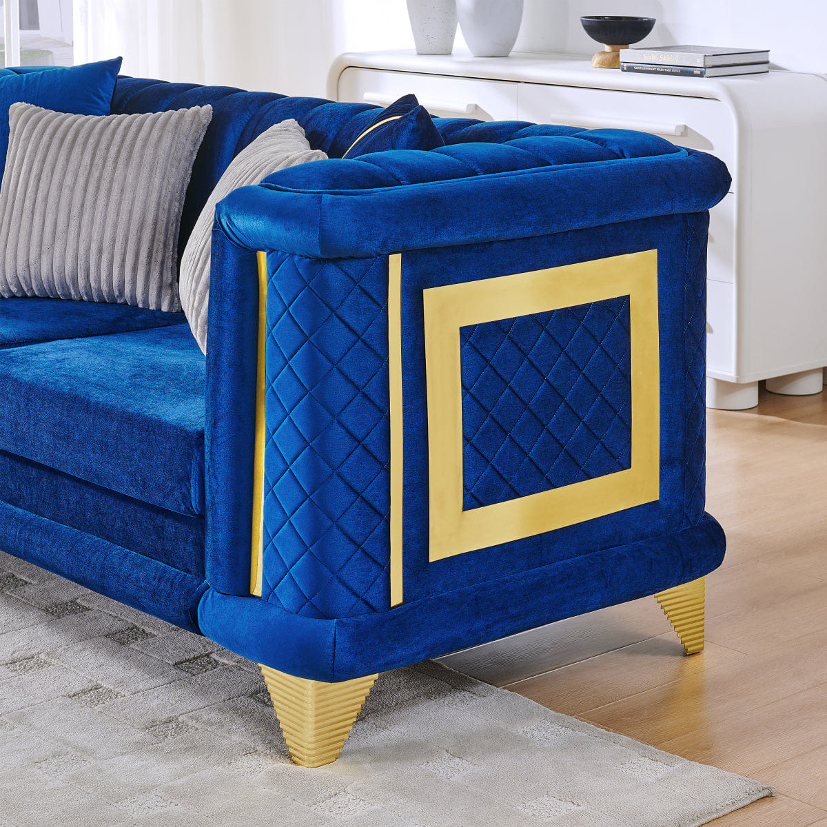 Velvet Streamdale 89" Velvet 3 - Seater Luxury Sofa with Gold Trims and Pillows, Blue
