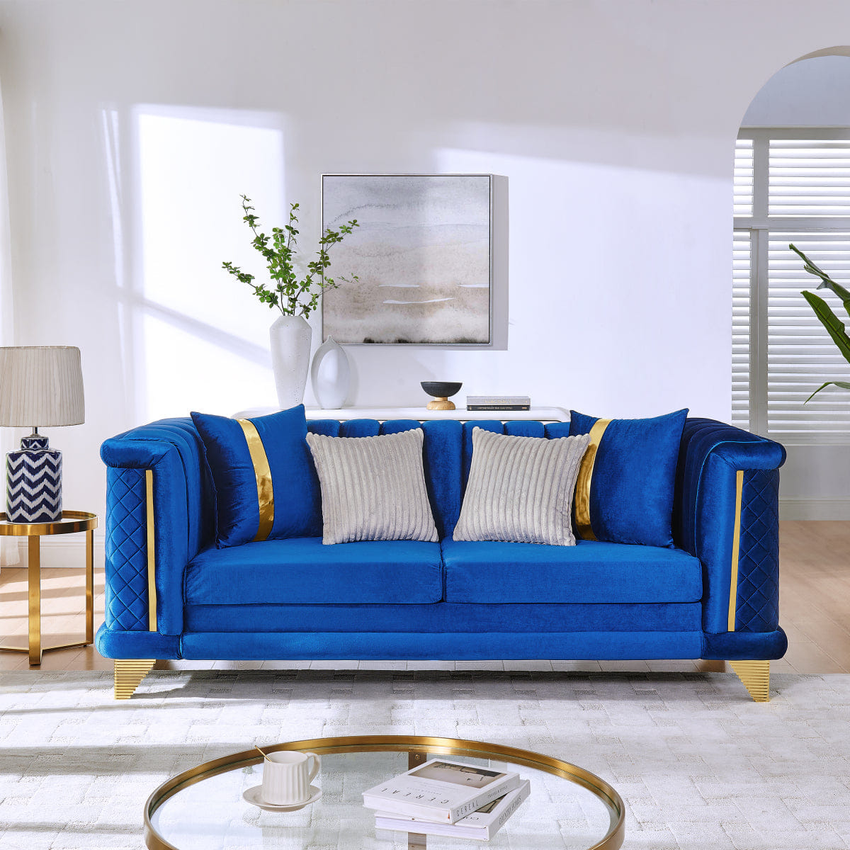 Velvet Streamdale 89" Velvet 3 - Seater Luxury Sofa with Gold Trims and Pillows, Blue