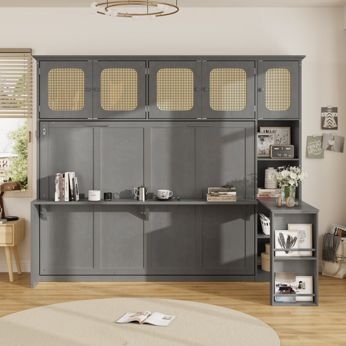 And Streamdale Murphy Bed with Desk and Rattan Cabinets, Antique Gray