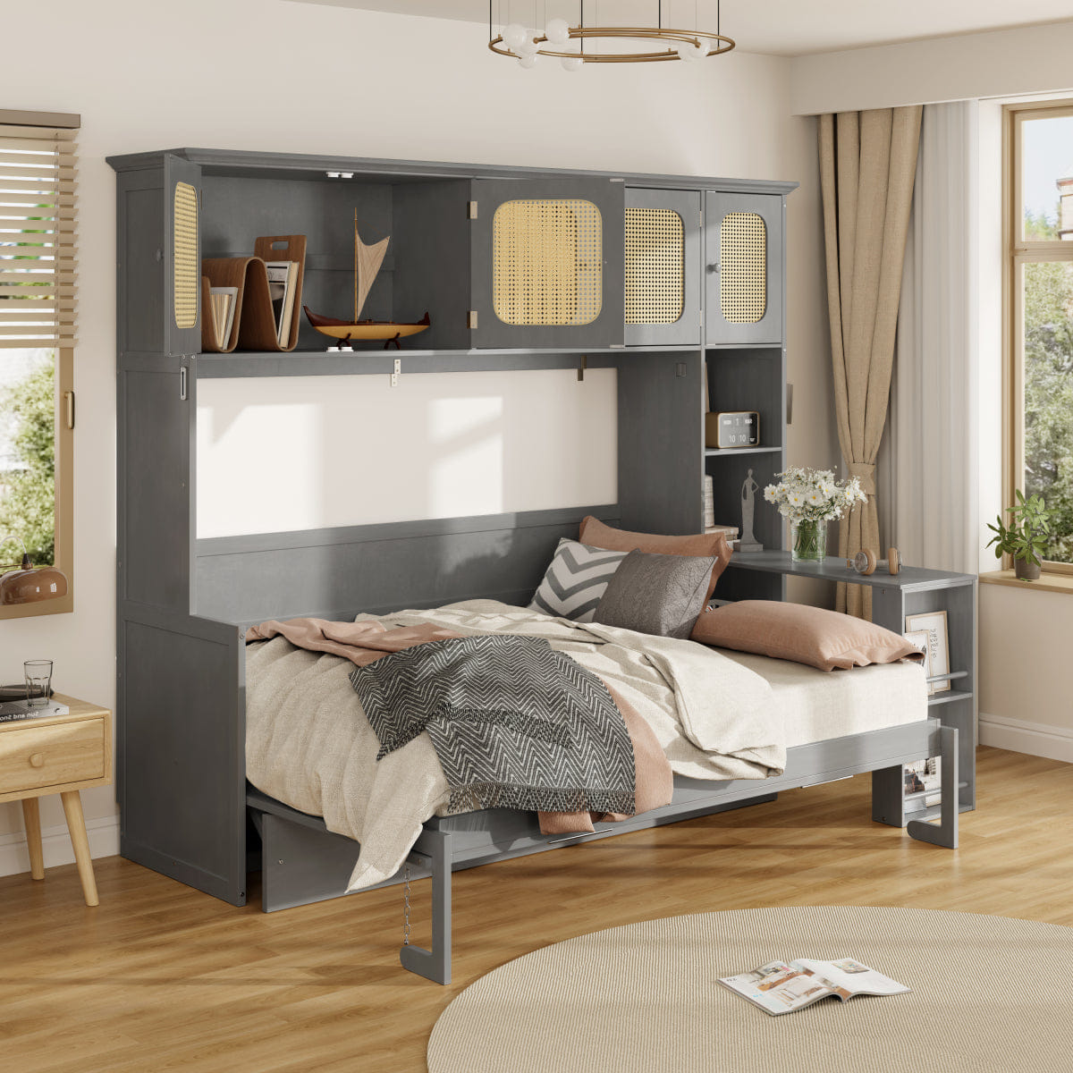 And Streamdale Murphy Bed with Desk and Rattan Cabinets, Antique Gray