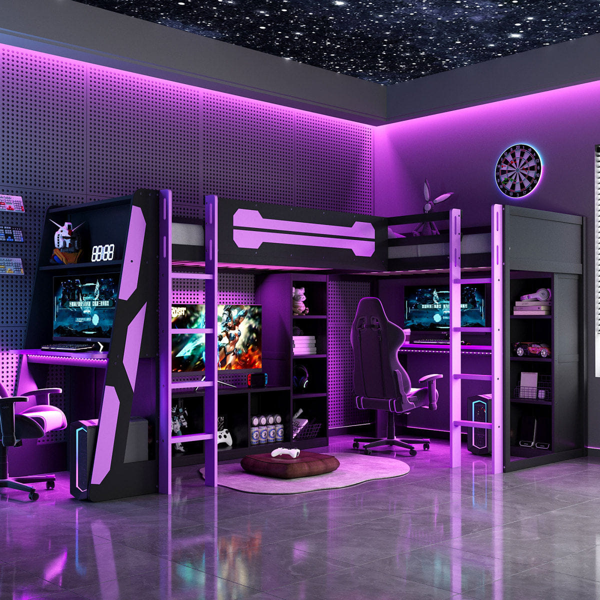 Purple Streamdale L - Shaped Twin Gaming Loft Bed with RGB Lights, USB, and Storage - Purple