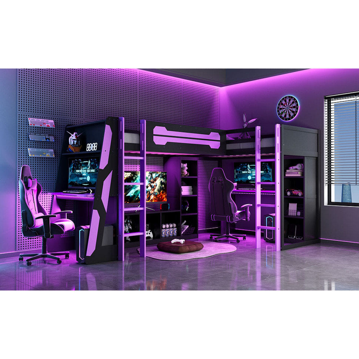 Purple Streamdale L - Shaped Twin Gaming Loft Bed with RGB Lights, USB, and Storage - Purple