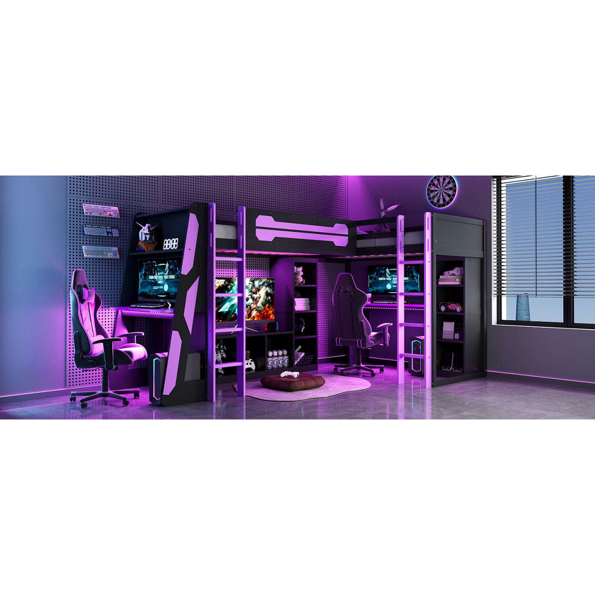 Purple Streamdale L - Shaped Twin Gaming Loft Bed with RGB Lights, USB, and Storage - Purple
