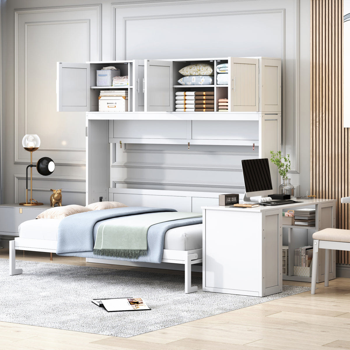 WHITE* Streamdale Queen Murphy Bed with Desk, Storage Shelves and Cabinets, White
