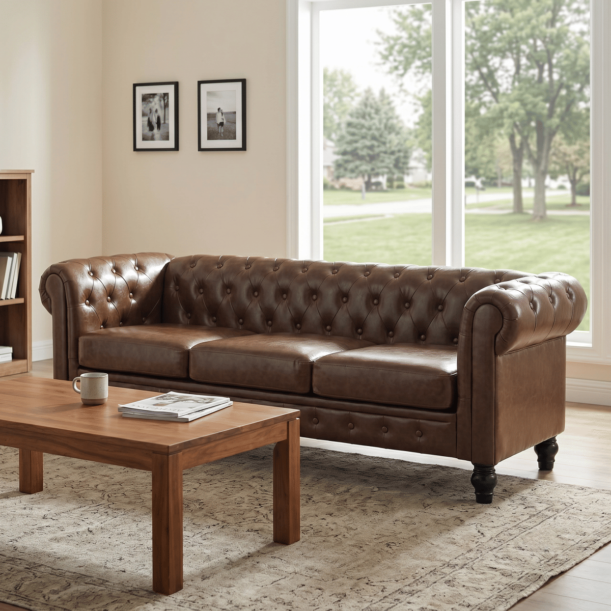 !SOLID Streamdale Traditional Tufted PU Leather Sofa with Solid Wood Legs