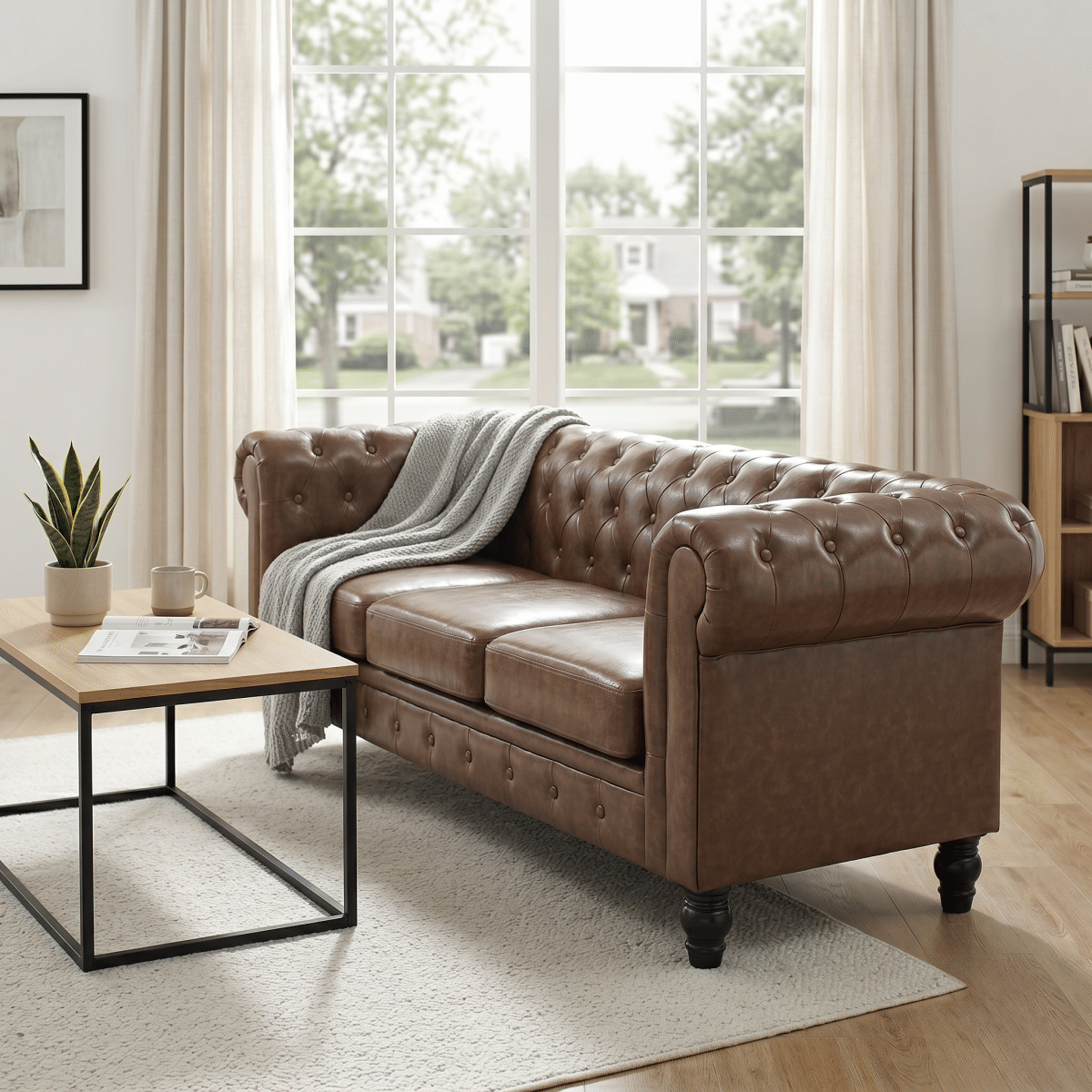 !SOLID Streamdale Traditional Tufted PU Leather Sofa with Solid Wood Legs