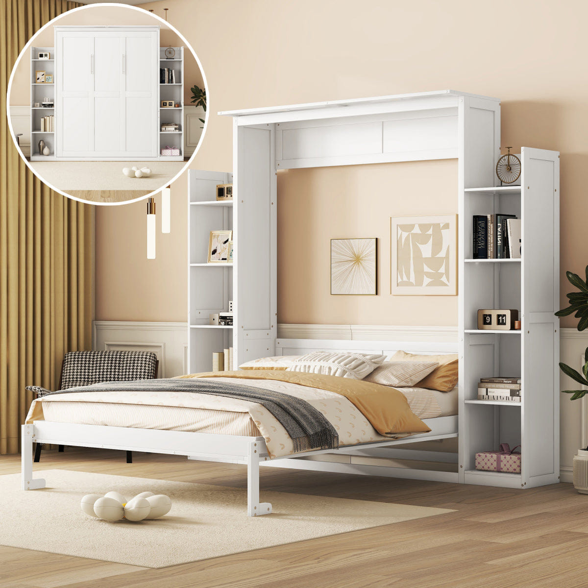 WHITE* Streamdale Queen Size Murphy Bed with Shelves and LED Lights, White