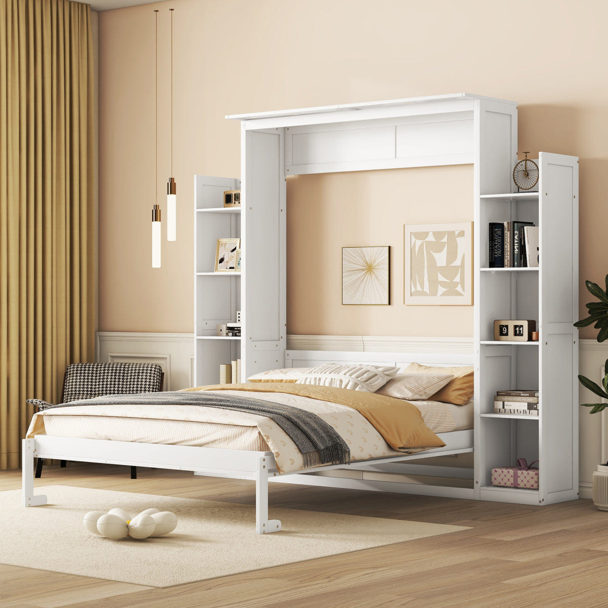 WHITE* Streamdale Queen Size Murphy Bed with Shelves and LED Lights, White