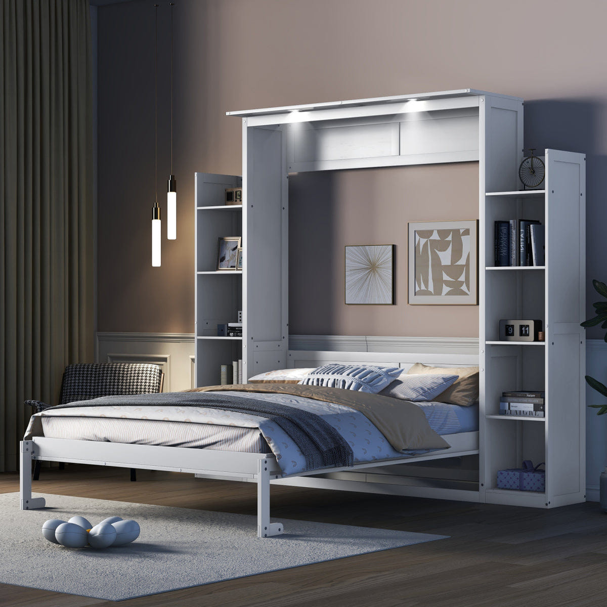 WHITE* Streamdale Queen Size Murphy Bed with Shelves and LED Lights, White