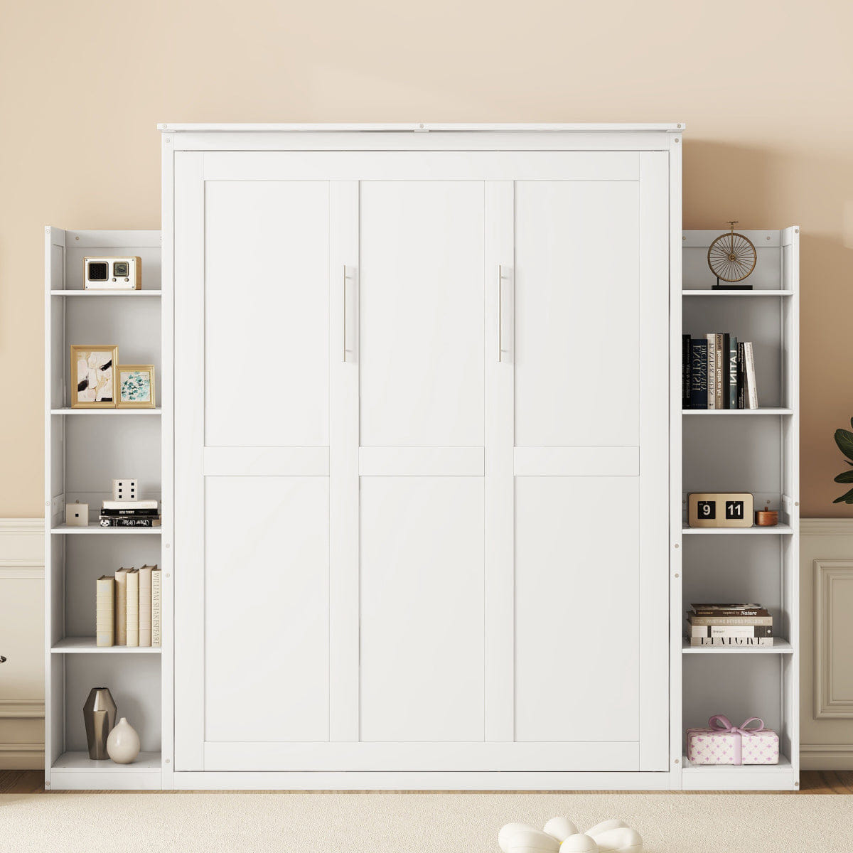 WHITE* Streamdale Queen Size Murphy Bed with Shelves and LED Lights, White
