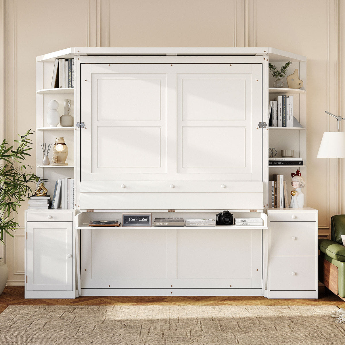 WHITE* Streamdale Queen Murphy Bed with Desk, Storage, and Lights - White