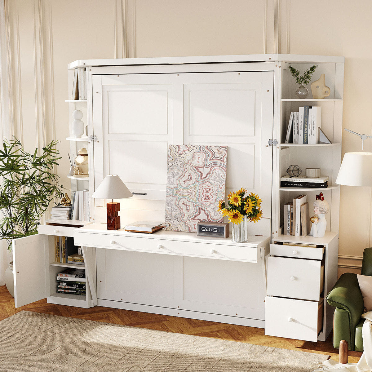 WHITE* Streamdale Queen Murphy Bed with Desk, Storage, and Lights - White