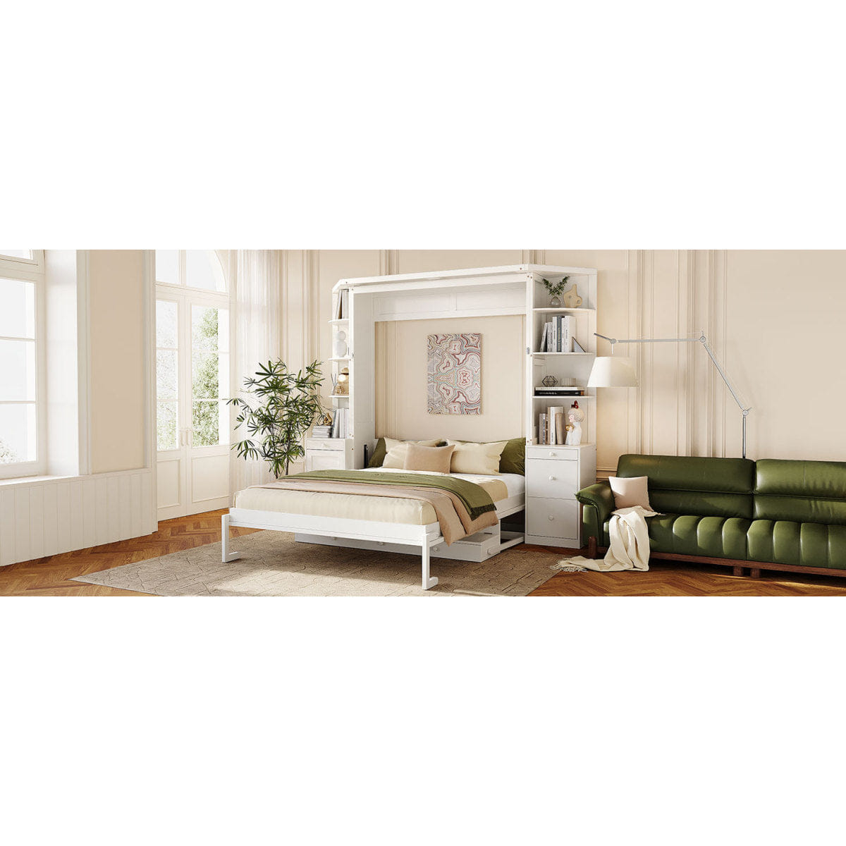 WHITE* Streamdale Queen Murphy Bed with Desk, Storage, and Lights - White