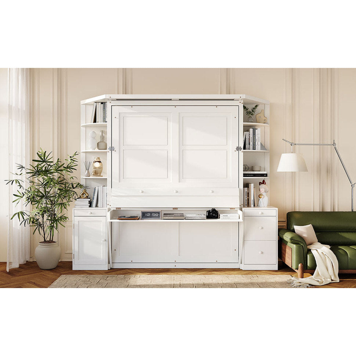 WHITE* Streamdale Queen Murphy Bed with Desk, Storage, and Lights - White