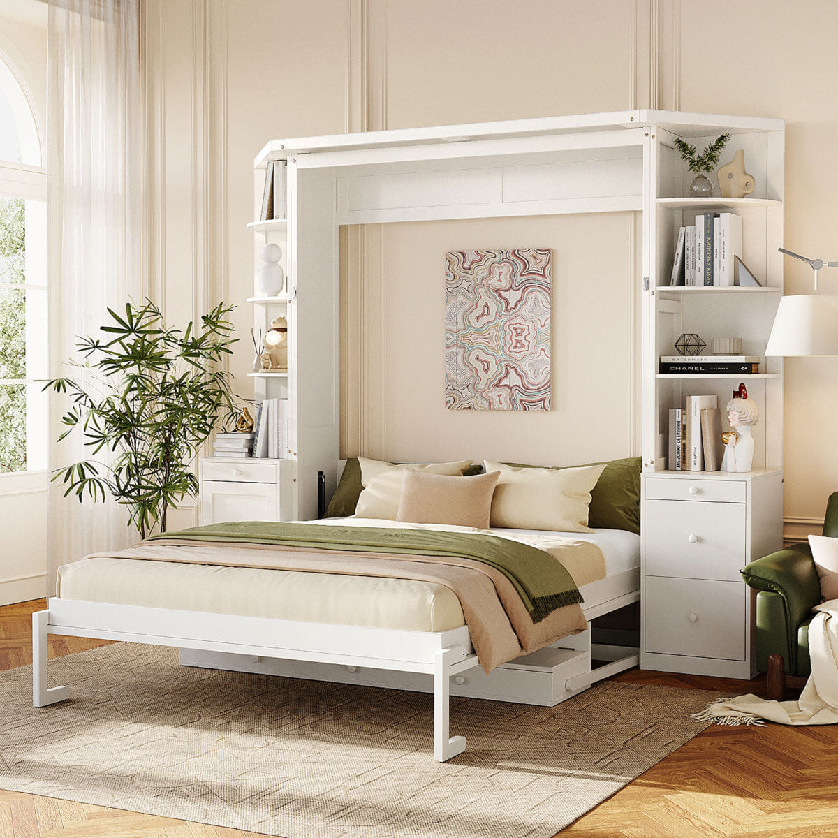 WHITE* Streamdale Queen Murphy Bed with Desk, Storage, and Lights - White