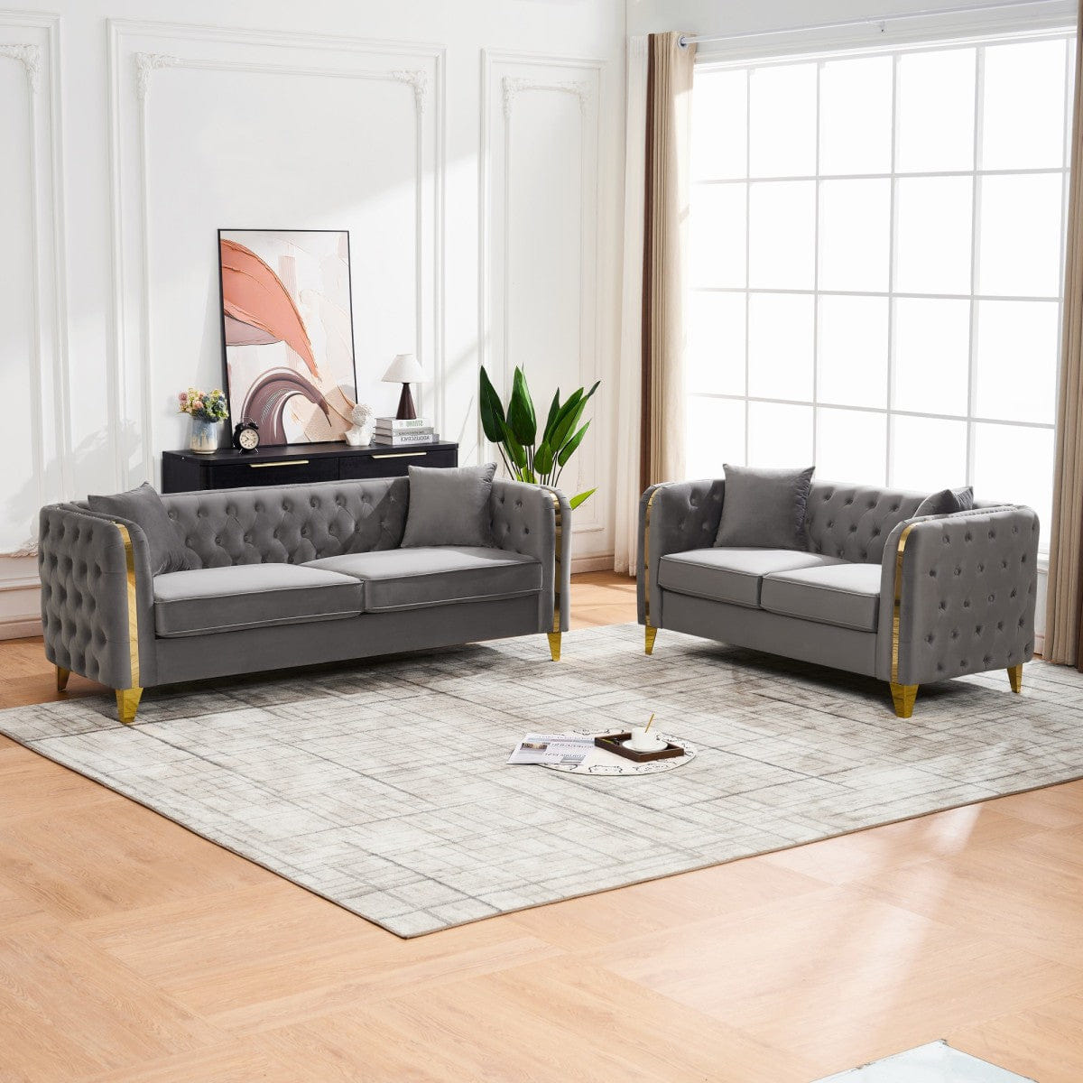Chesterfield Streamdale Velvet Chesterfield 3+2 Seater Sofa with Gold Legs, Grey
